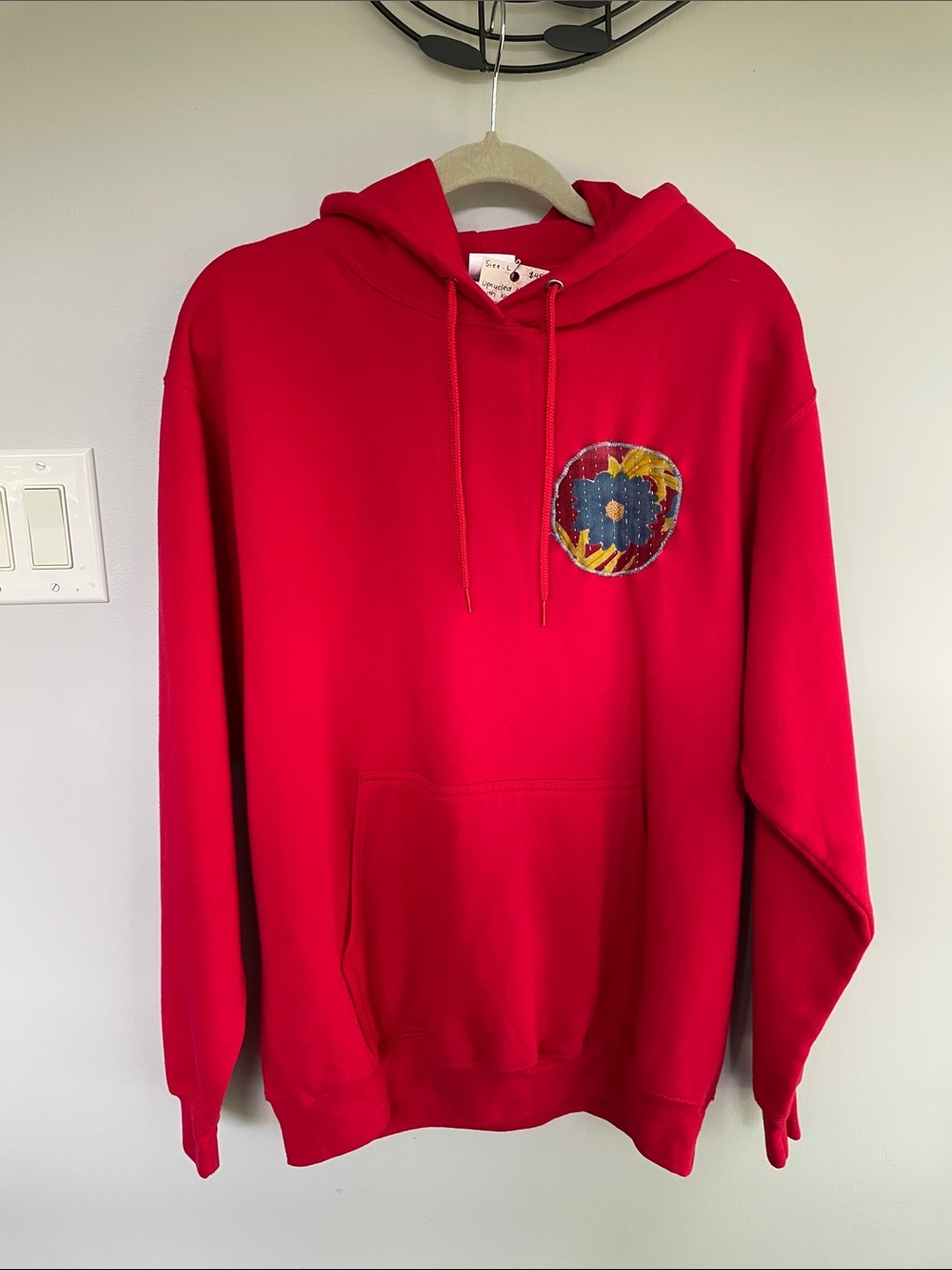 Red Pullover Hoodie with Kantha Quilt Patch